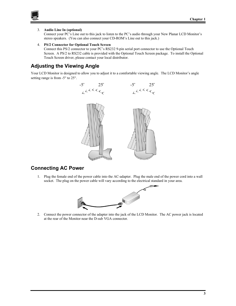 Adjusting the viewing angle, Connecting ac power | Planar PT1503Z User Manual | Page 9 / 19