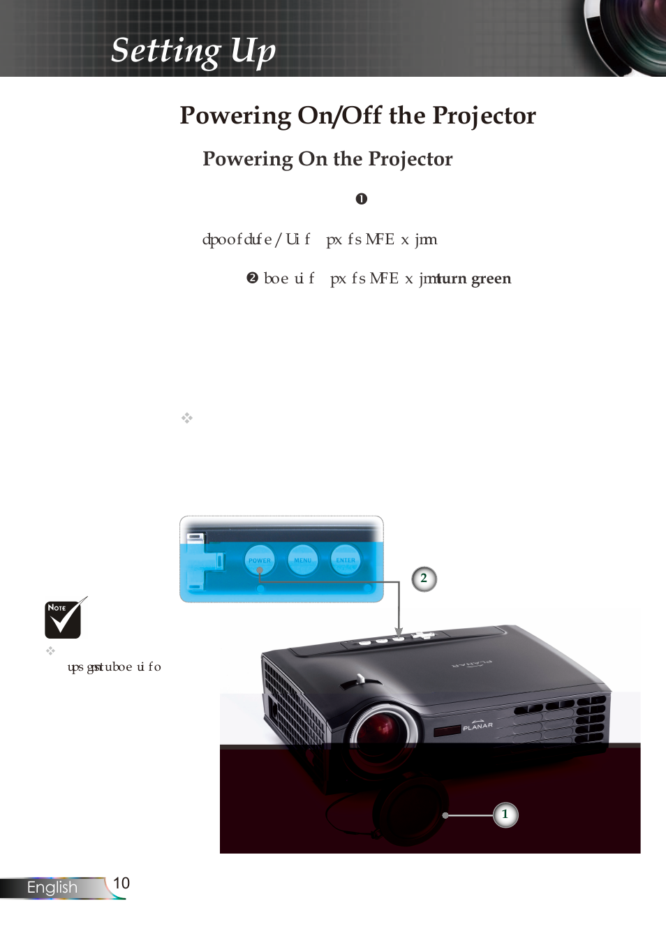 Setting up, Powering on/off the projector, Powering on the projector | Planar PR Line PR6020 User Manual | Page 13 / 37