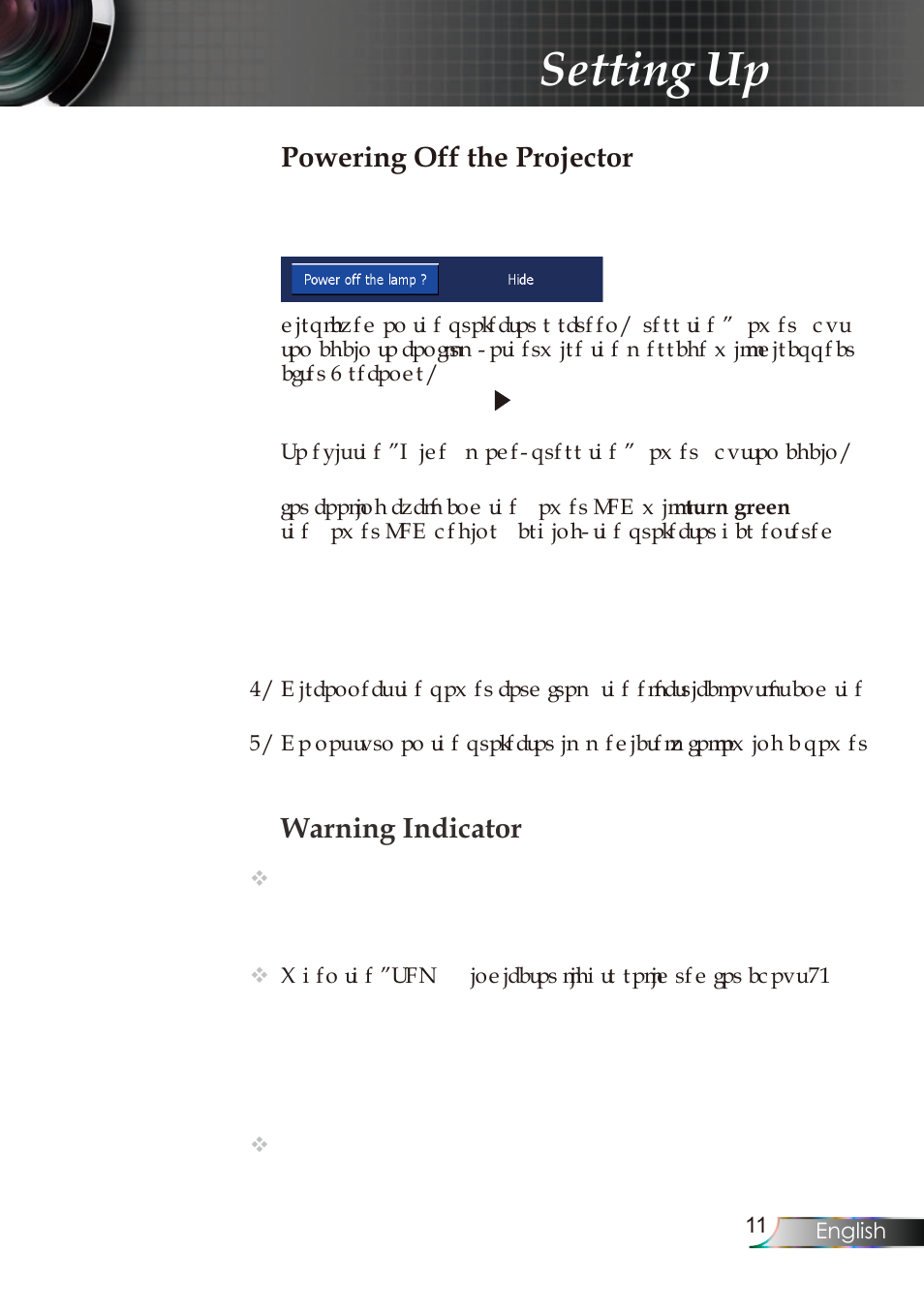 Setting up, Warning indicator, Powering off the projector | Planar PR Line PR6020 User Manual | Page 14 / 37