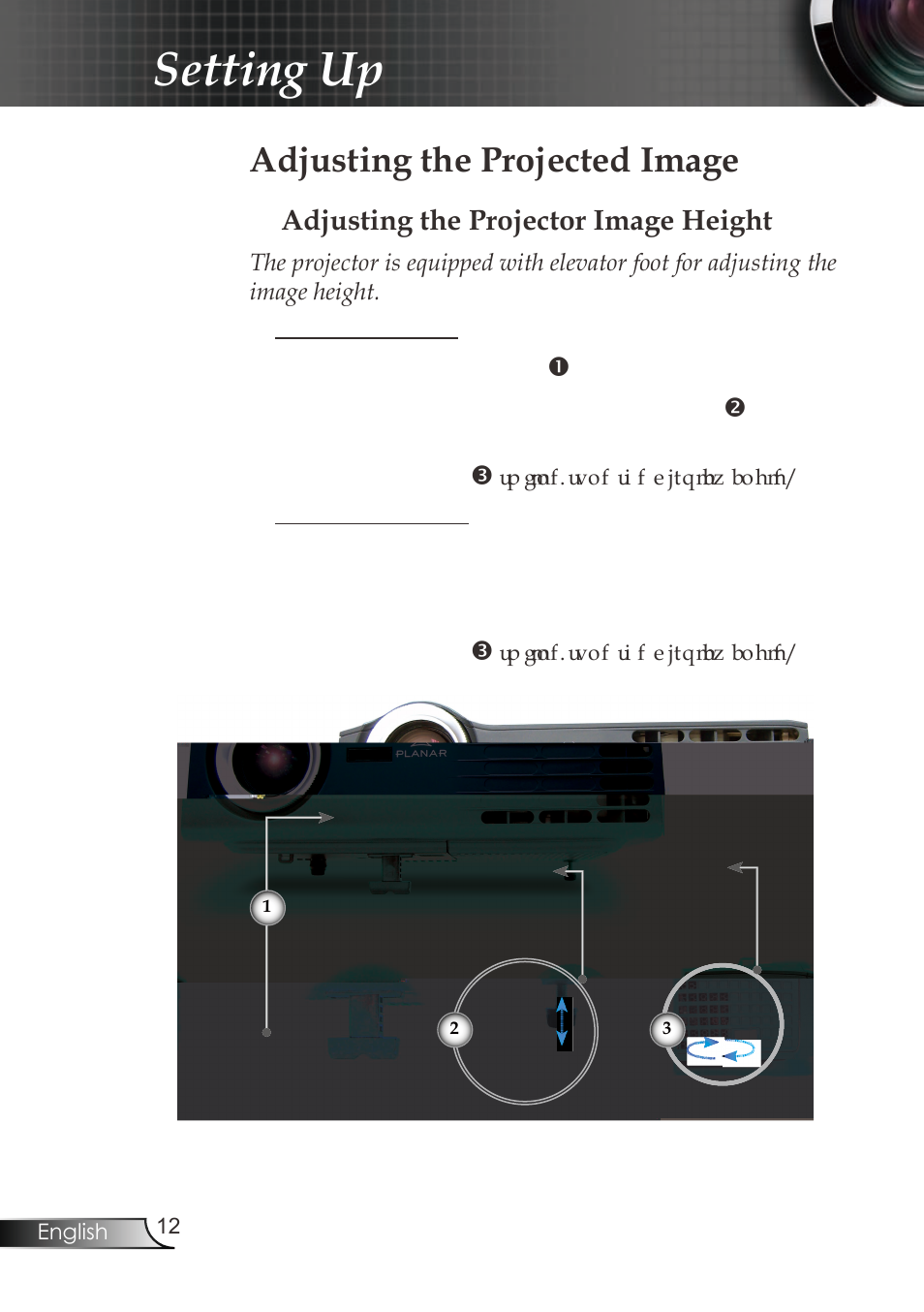 Setting up, Adjusting the projected image, Adjusting the projector image height | Planar PR Line PR6020 User Manual | Page 15 / 37