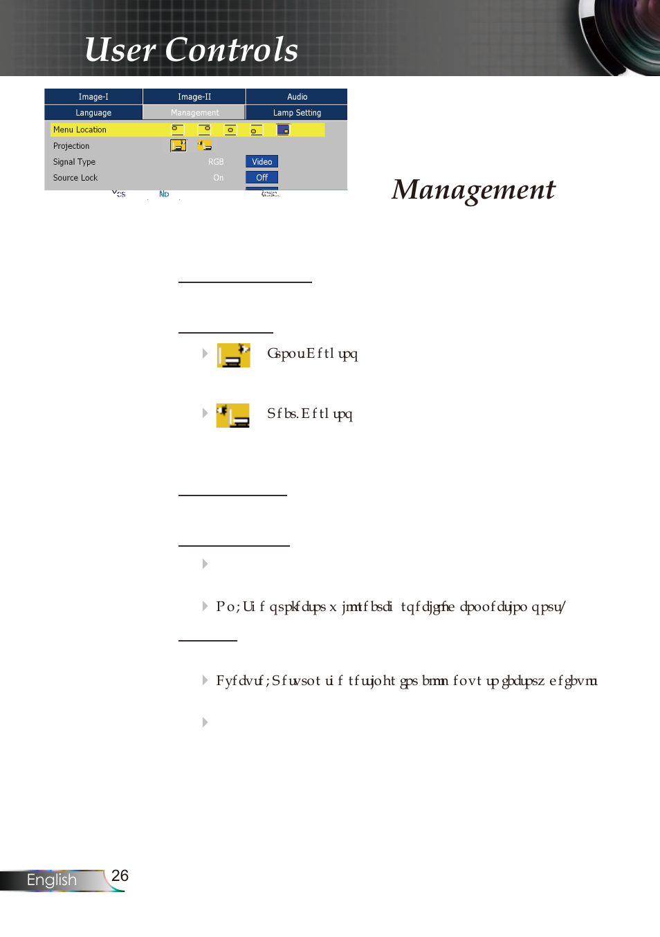 User controls, Management | Planar PR Line PR6020 User Manual | Page 29 / 37