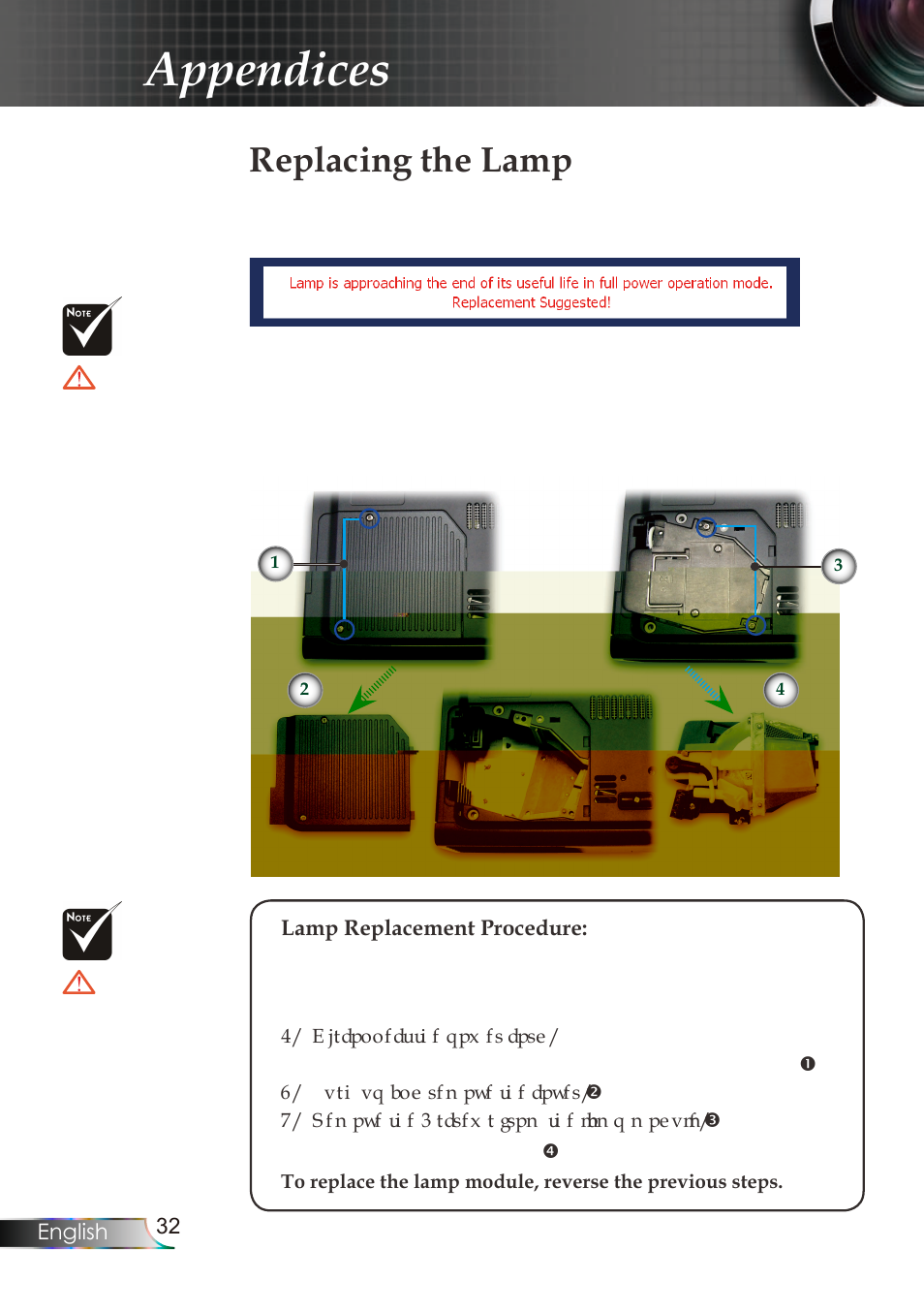 Appendices, Replacing the lamp | Planar PR Line PR6020 User Manual | Page 35 / 37