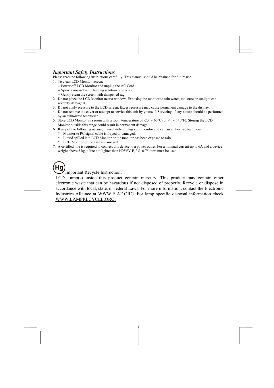 Important safety instructions | Planar PL1911M User Manual | Page 5 / 16