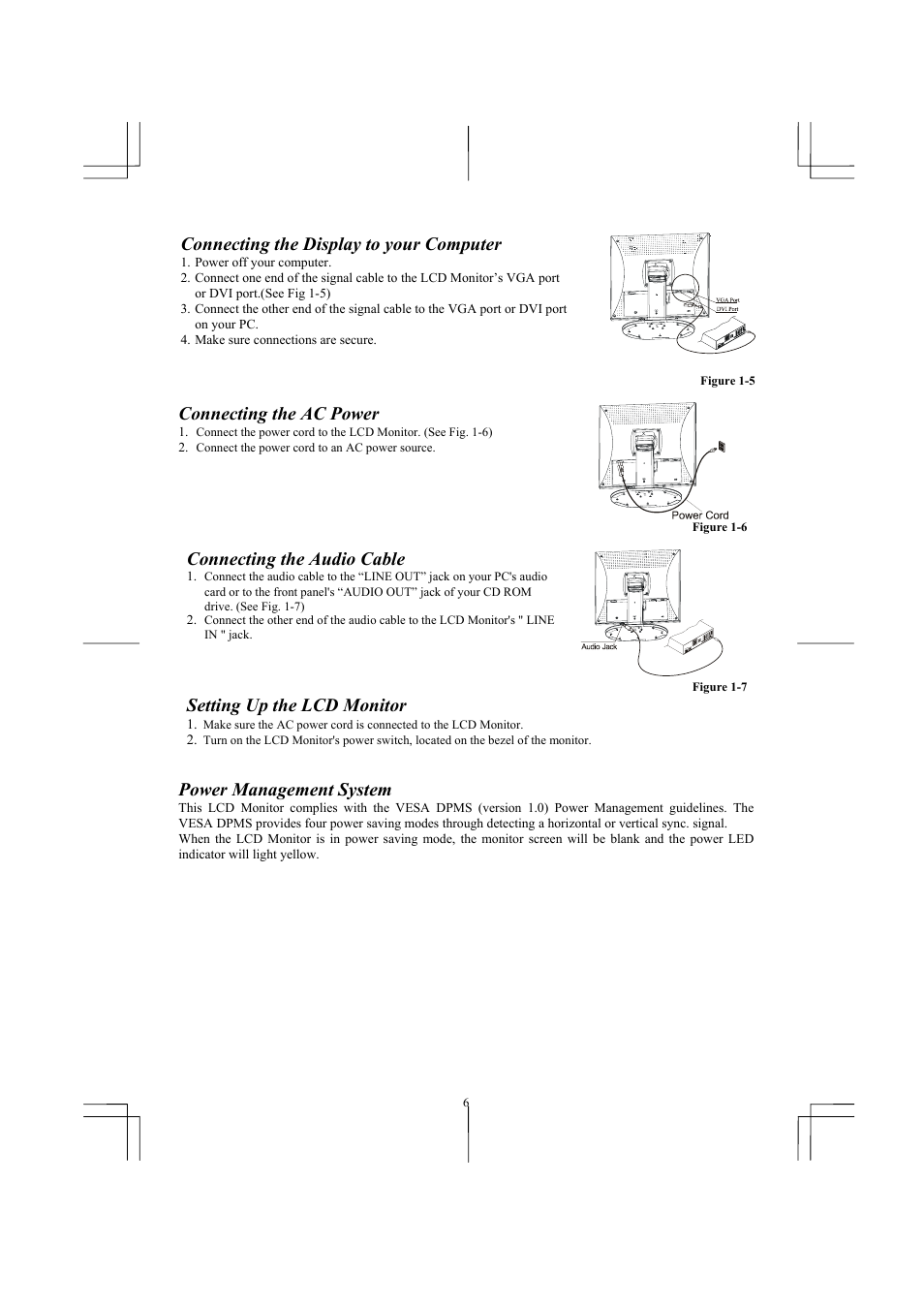 Connecting the display to your computer, Connecting the ac power, Connecting the audio cable | Setting up the lcd monitor, Power management system | Planar PL1911M User Manual | Page 8 / 16