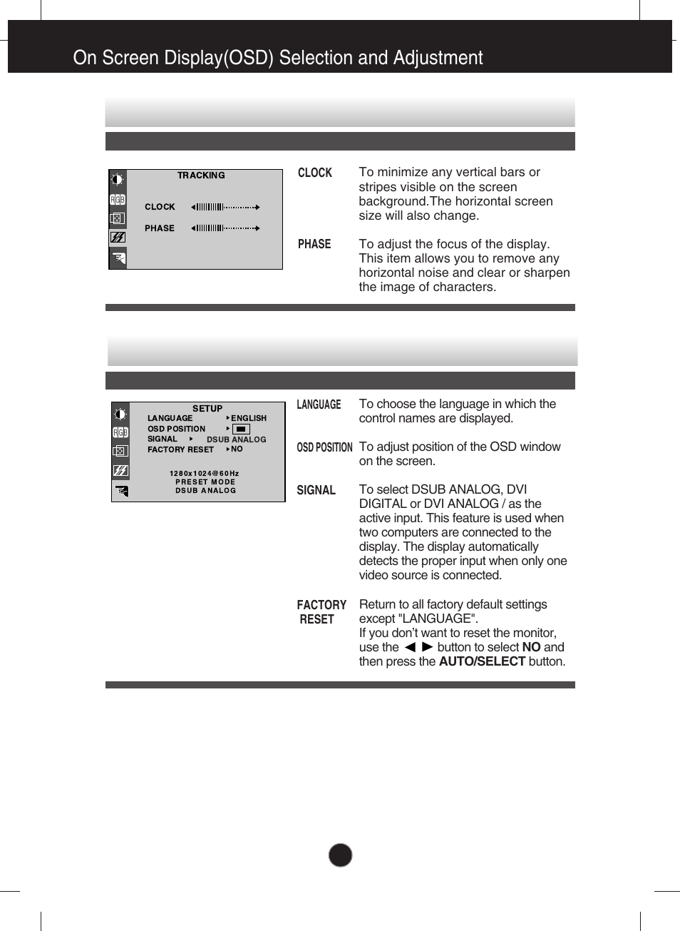 To improve the clarity and stability of the screen, On screen display(osd) selection and adjustment, Osd adjust description | Planar PQ191M User Manual | Page 10 / 18