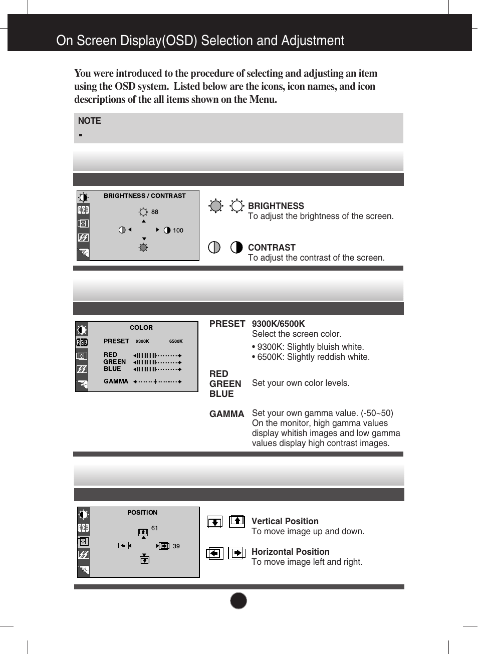 To customize the color of the screen, To adjust the position of the screen, On screen display(osd) selection and adjustment | Planar PQ191M User Manual | Page 9 / 18