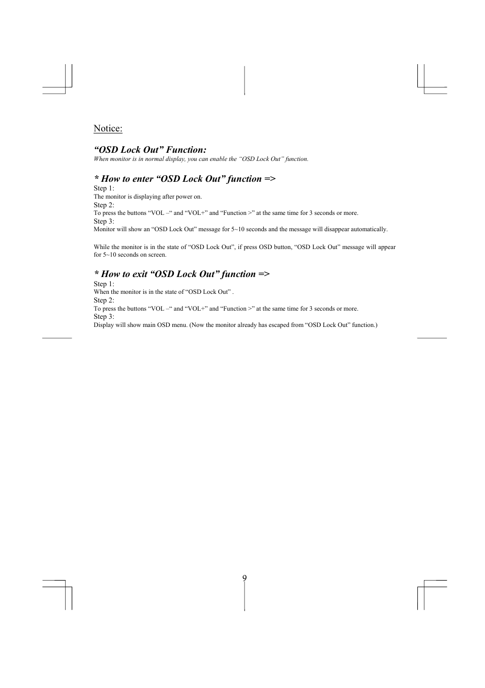 Notice, Osd lock out” function, How to enter “osd lock out” function | How to exit “osd lock out” function | Planar PL2010M User Manual | Page 11 / 16