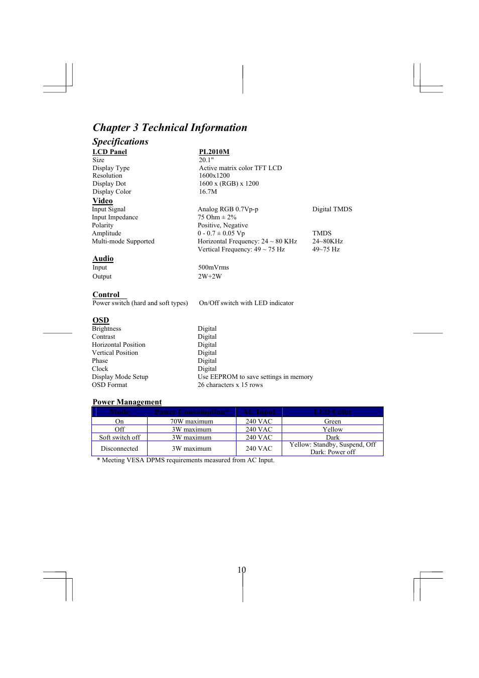 Chapter 3 technical information, Specifications | Planar PL2010M User Manual | Page 12 / 16