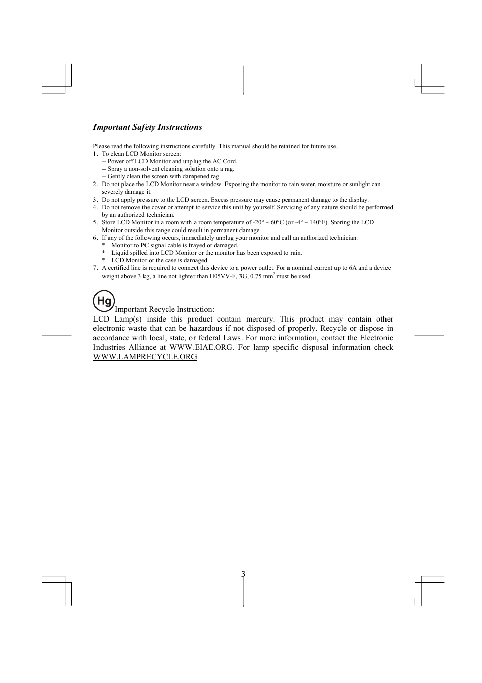 Important safety instructions | Planar PL2010M User Manual | Page 5 / 16