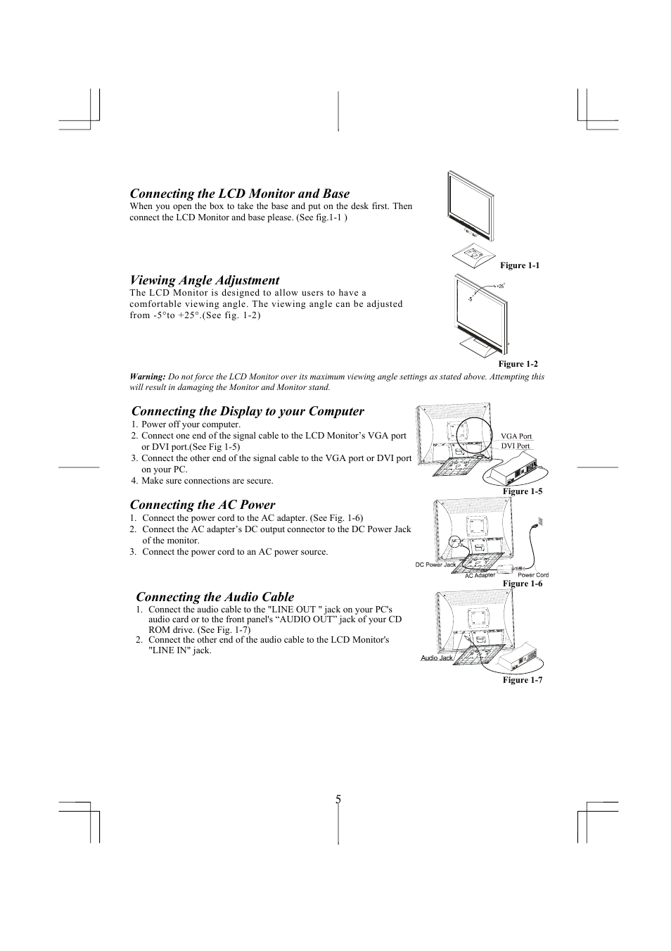 Connecting the lcd monitor and base, Viewing angle adjustment, Connecting the display to your computer | Connecting the ac power, Connecting the audio cable | Planar PL2010M User Manual | Page 7 / 16