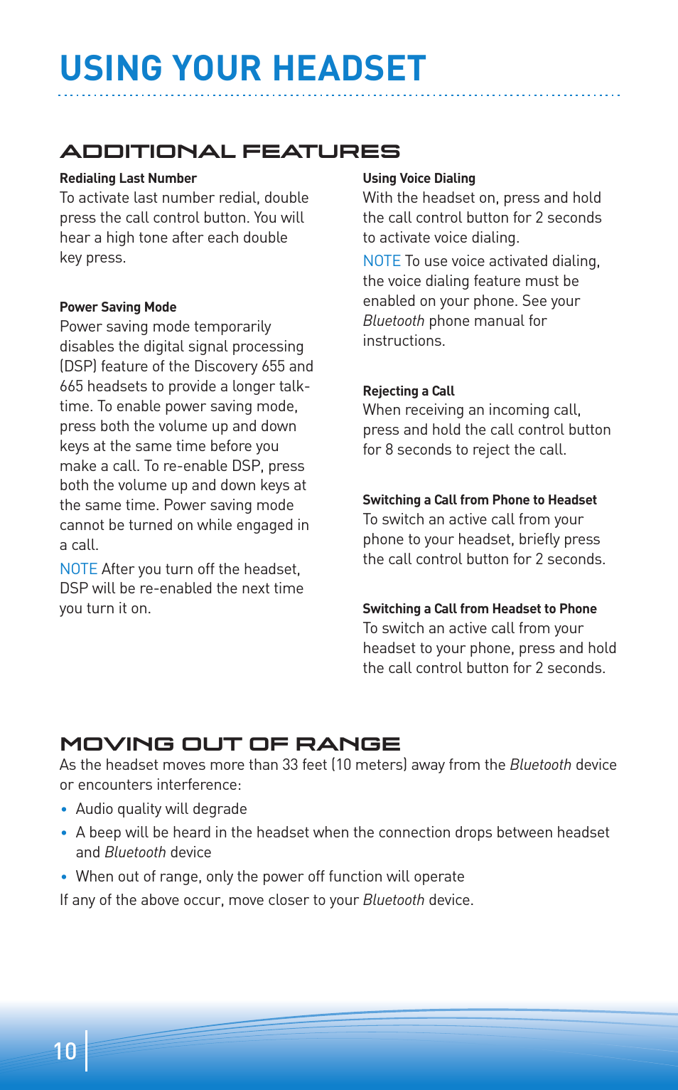 Using your headset, Additional features, Moving out of range | Plantronics Bluetooth Headset none User Manual | Page 10 / 16