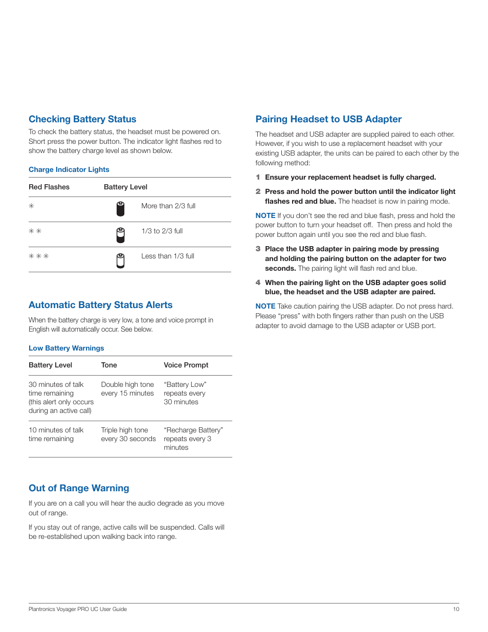 Pairing headset to usb adapter, Out of range warning, Checking battery status | Automatic battery status alerts | Plantronics WG201/B User Manual | Page 10 / 17