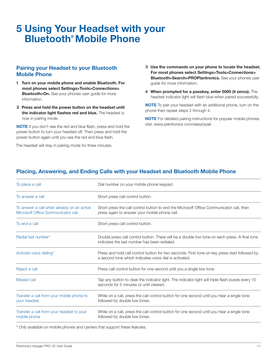 5 using your headset with your bluetooth, Mobile phone | Plantronics WG201/B User Manual | Page 11 / 17