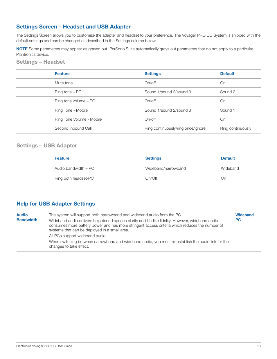 Settings screen – headset and usb adapter, Settings – headset settings – usb adapter, Help for usb adapter settings | Plantronics WG201/B User Manual | Page 13 / 17