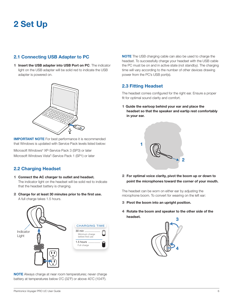 2 set up, 3 fitting headset, 1 connecting usb adapter to pc | 2 charging headset | Plantronics WG201/B User Manual | Page 6 / 17