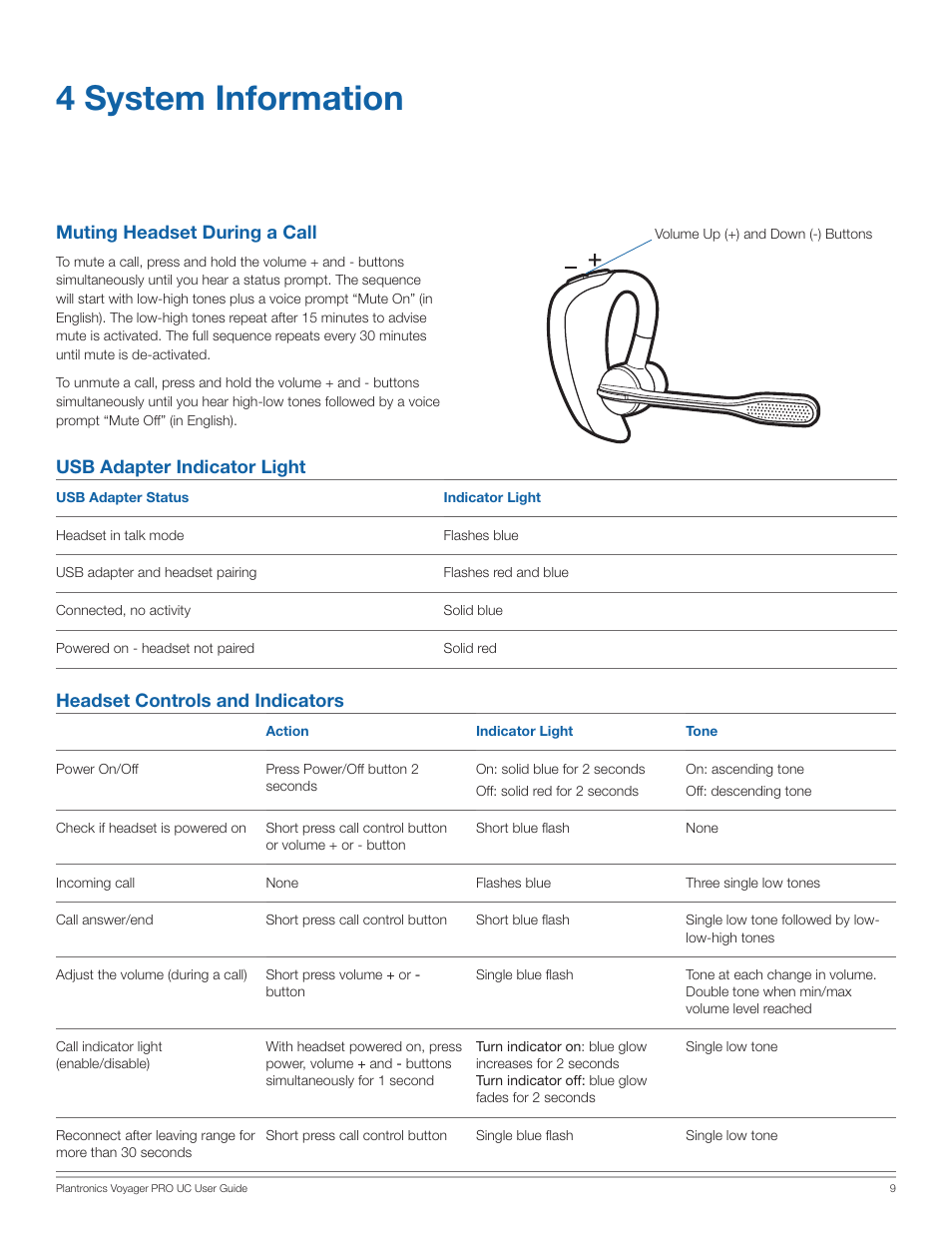 4 system information, Muting headset during a call, Usb adapter indicator light | Headset controls and indicators | Plantronics WG201/B User Manual | Page 9 / 17