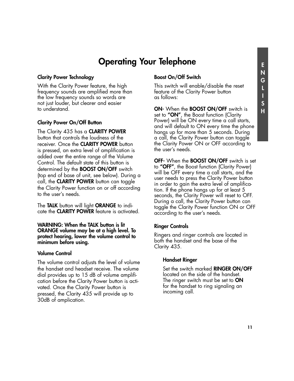 Operating your telephone | Plantronics Clarity Walker 435 User Manual | Page 11 / 24