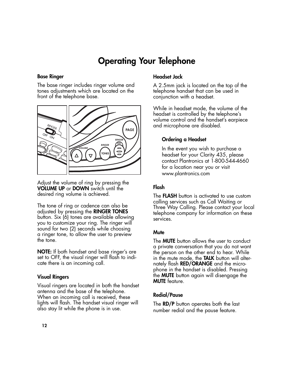 Operating your telephone | Plantronics Clarity Walker 435 User Manual | Page 12 / 24