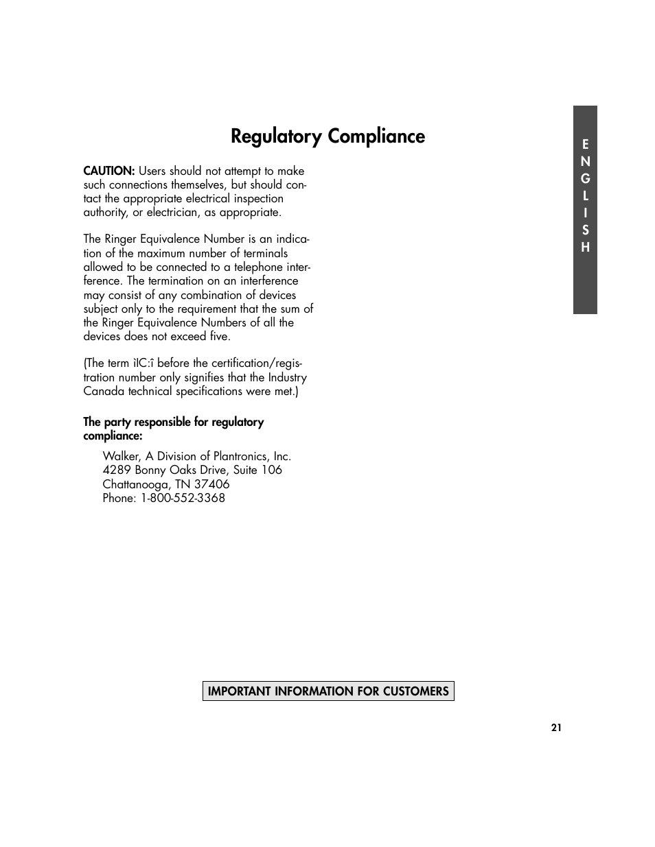 Regulatory compliance | Plantronics Clarity Walker 435 User Manual | Page 21 / 24