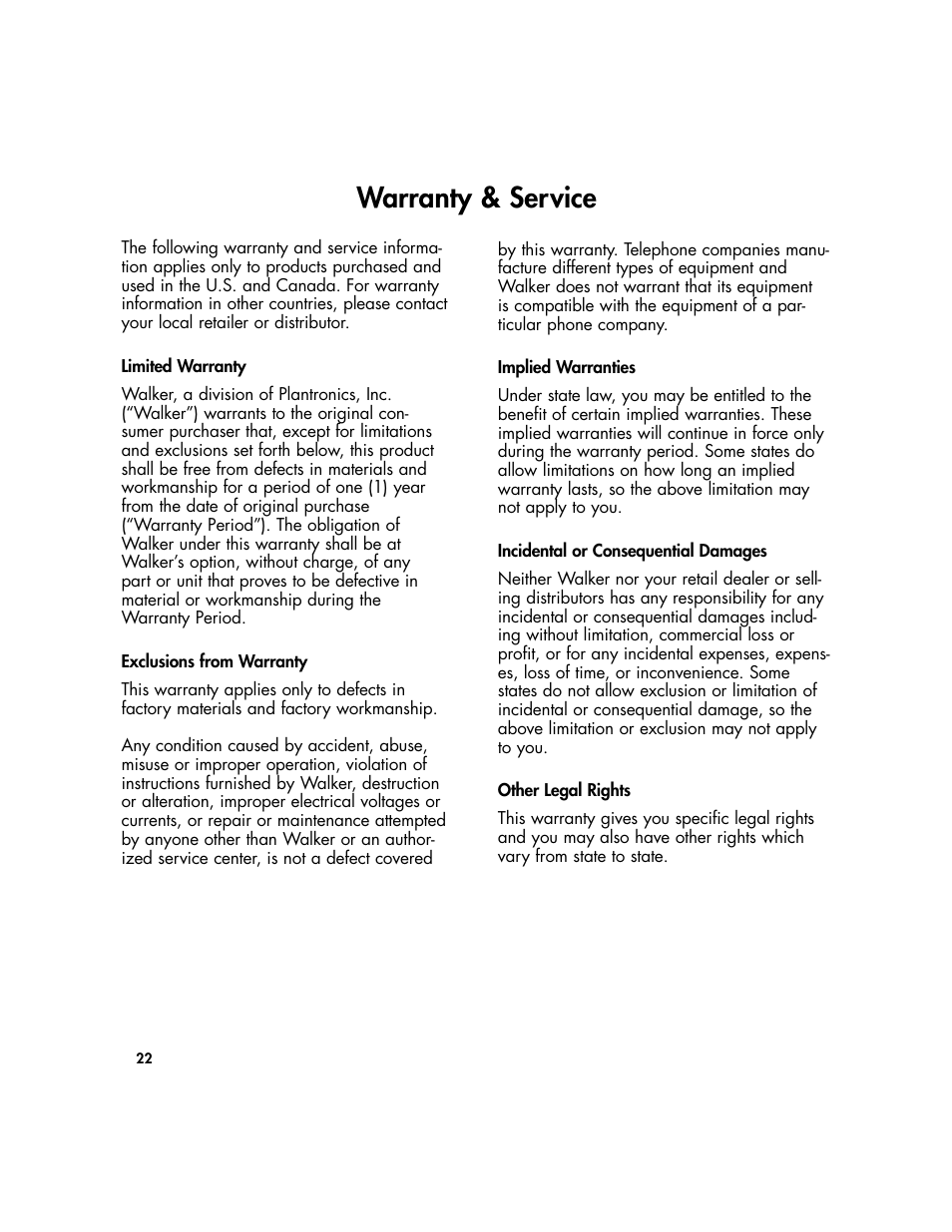 Warranty & service | Plantronics Clarity Walker 435 User Manual | Page 22 / 24