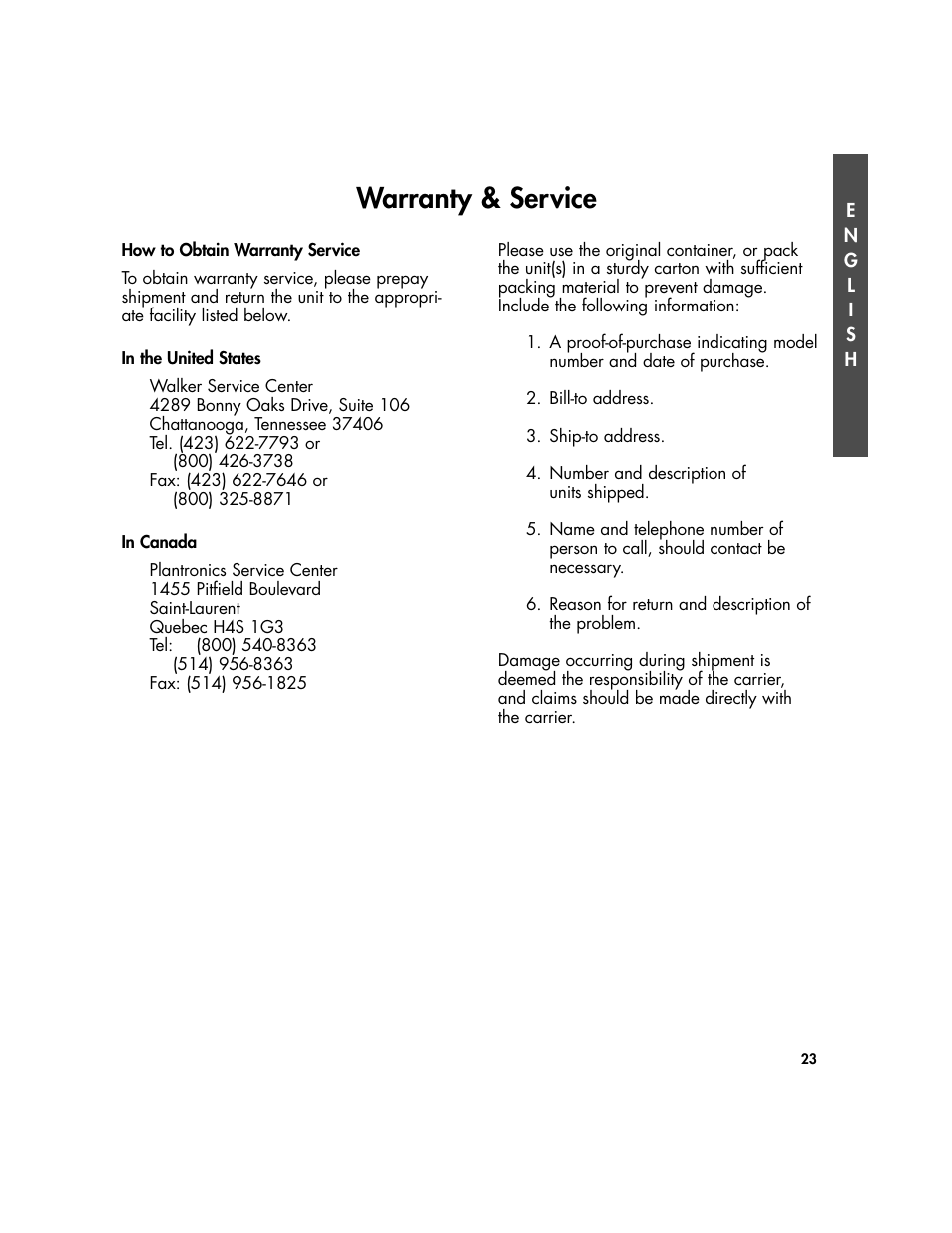 Warranty & service | Plantronics Clarity Walker 435 User Manual | Page 23 / 24