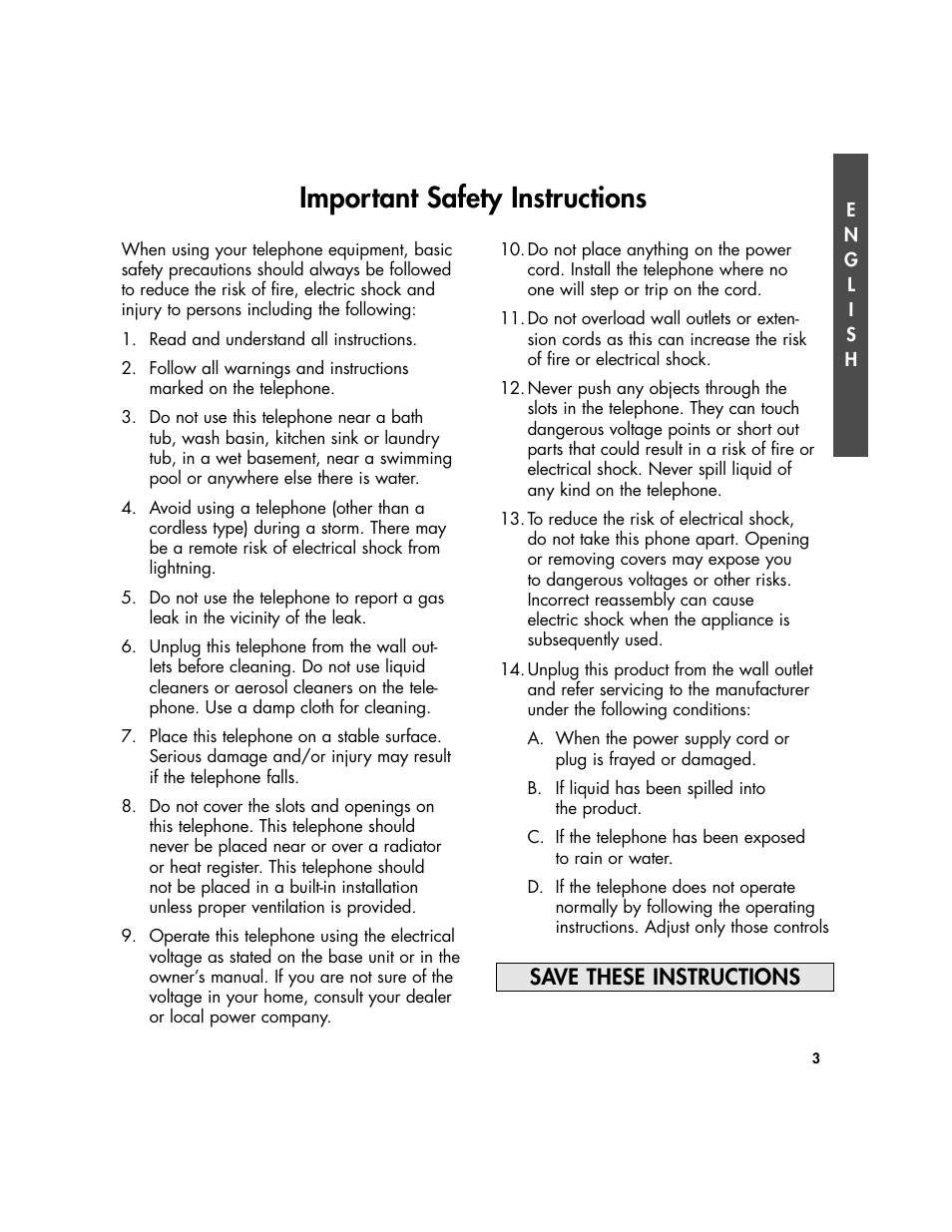 Important safety instructions, Save these instructions | Plantronics Clarity Walker 435 User Manual | Page 3 / 24