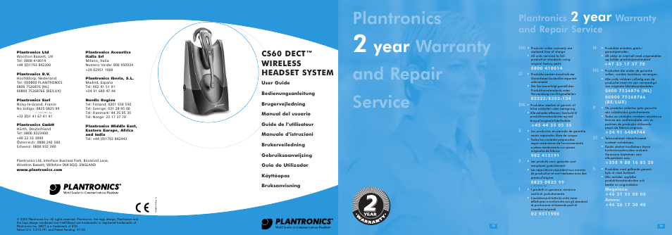 Plantronics, Year warranty and repair service, 2 year | Warranty and repair service, Cs60 dect™ wireless headset system | Plantronics CS60 DECT User Manual | Page 15 / 15