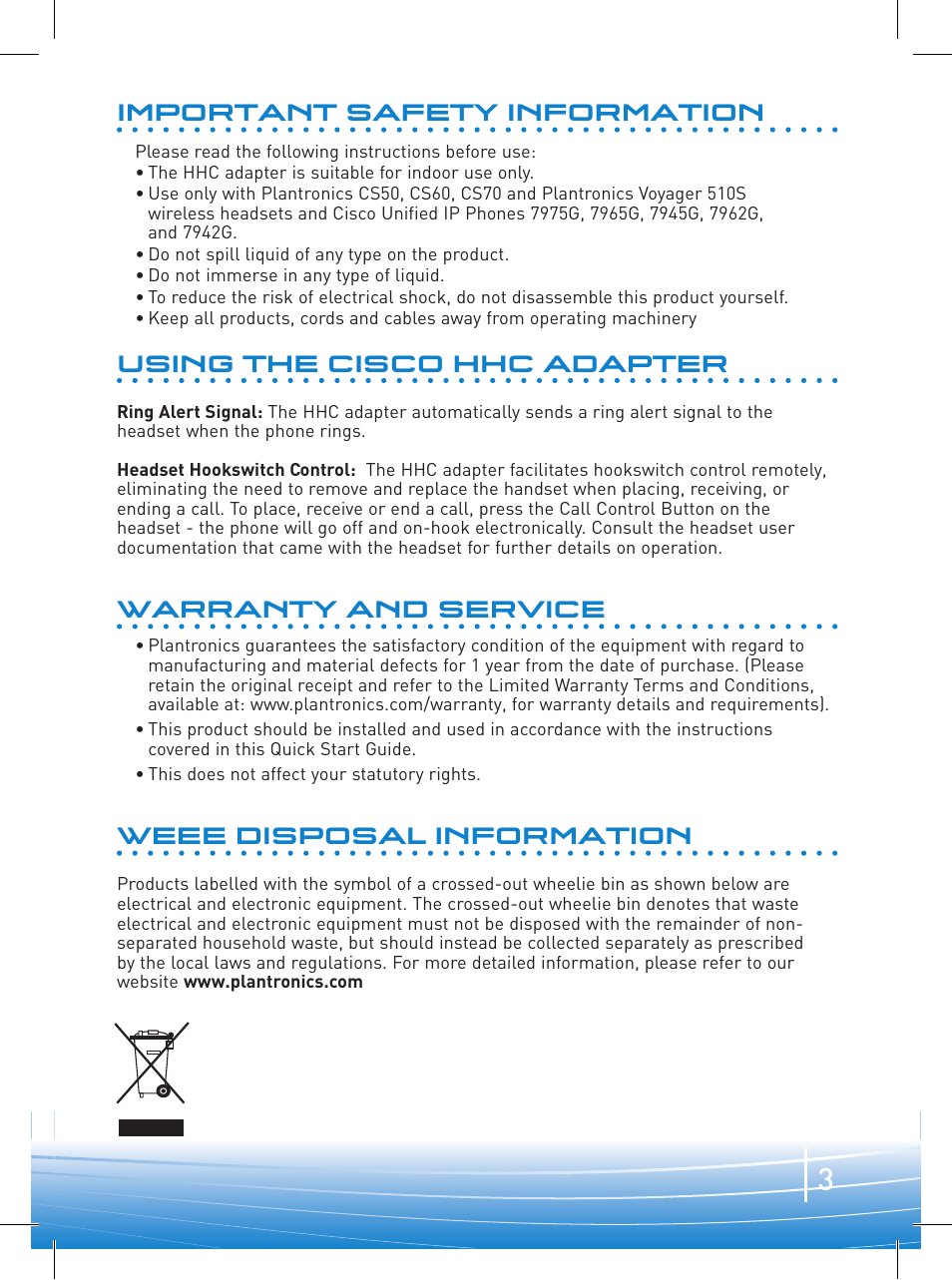 Important safety information, Using the cisco hhc adapter, Warranty and service | Weee disposal information | Plantronics APC-4 User Manual | Page 3 / 4