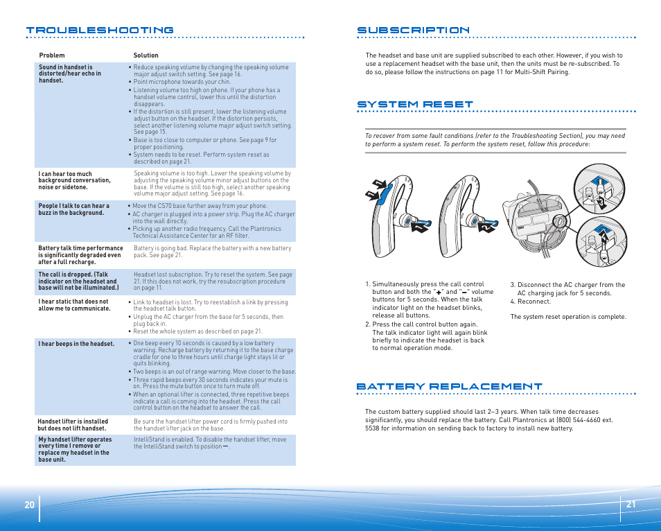 Subscription battery replacement, System reset, Troubleshooting | Plantronics CS 70 User Manual | Page 11 / 12