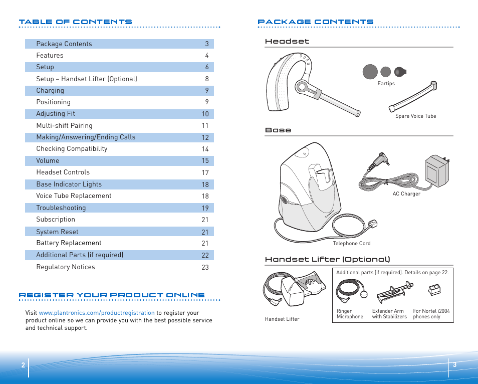 Package contents, Table of contents register your product online | Plantronics CS 70 User Manual | Page 2 / 12