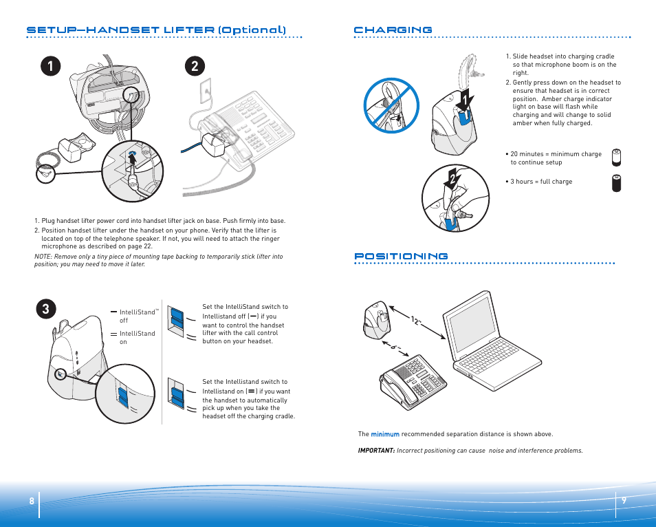 Charging, Positioning, Setup—handset lifter (optional) | Plantronics CS 70 User Manual | Page 5 / 12