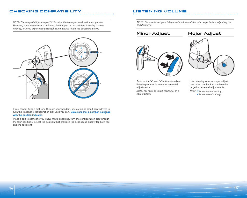 Listening volume, Checking compatibility | Plantronics CS 70 User Manual | Page 8 / 12