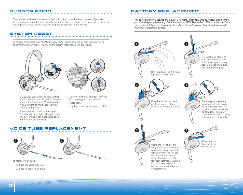 Subscription battery replacement, Voice tube replacement, System reset | Plantronics SuproPlus Headset System User Manual | Page 11 / 13