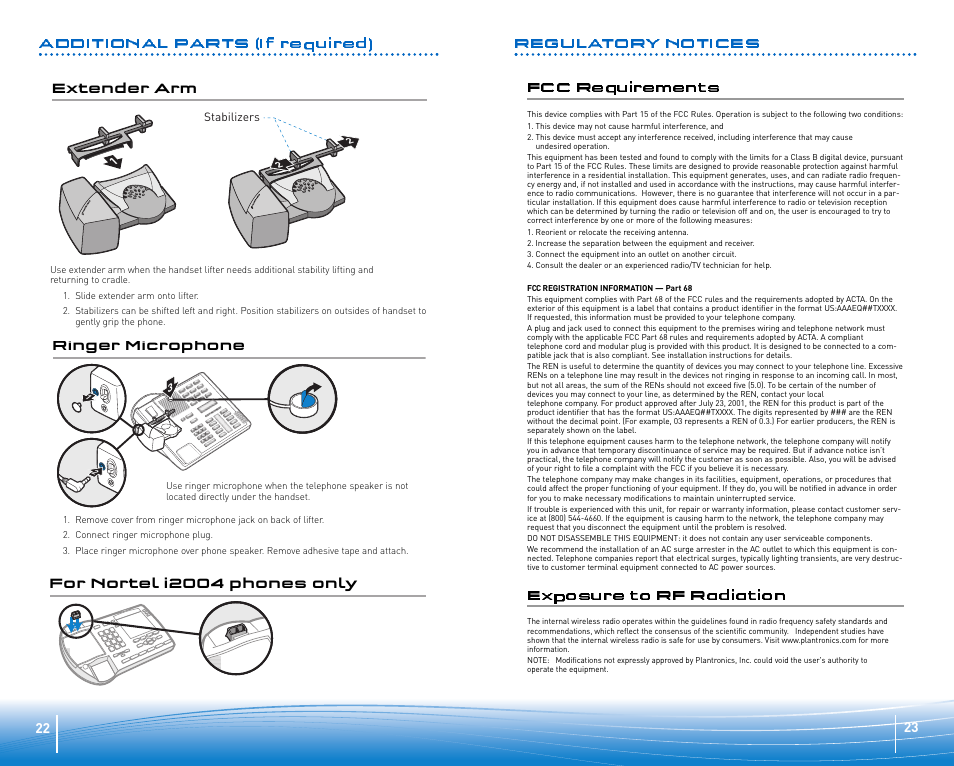 Regulatory notices, Exposure to rf radiation fcc requirements, Additional parts (if required) | Plantronics SuproPlus Headset System User Manual | Page 12 / 13