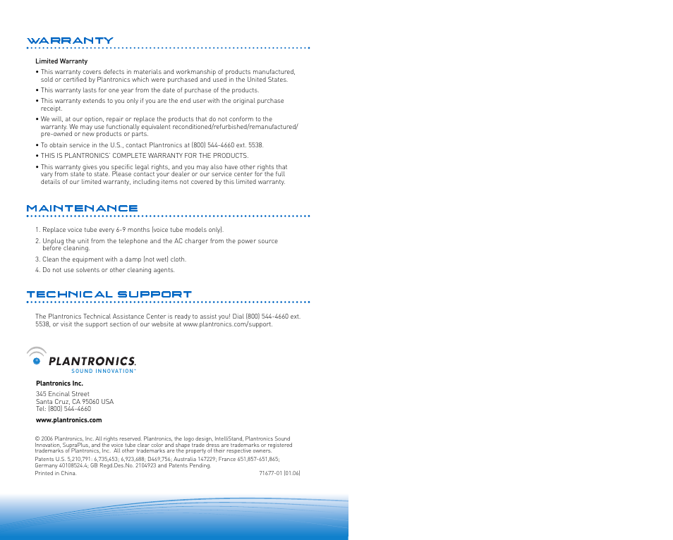 Warranty maintenance technical support | Plantronics SuproPlus Headset System User Manual | Page 13 / 13