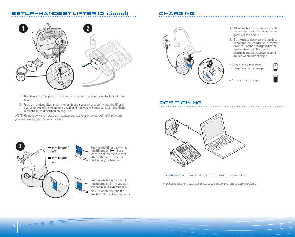 Charging, Positioning, Setup—handset lifter (optional) | Plantronics SuproPlus Headset System User Manual | Page 5 / 13