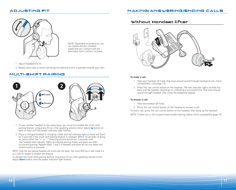 Adjusting fit, Making/answering/ending calls, Without handset lifter | Multi-shift pairing | Plantronics SuproPlus Headset System User Manual | Page 6 / 13