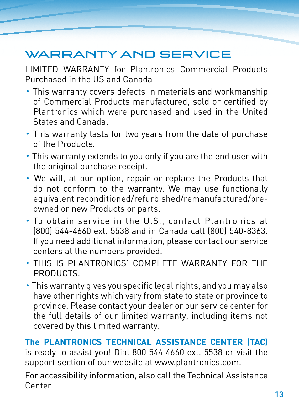 Warranty and service | Plantronics M22 User Manual | Page 13 / 16