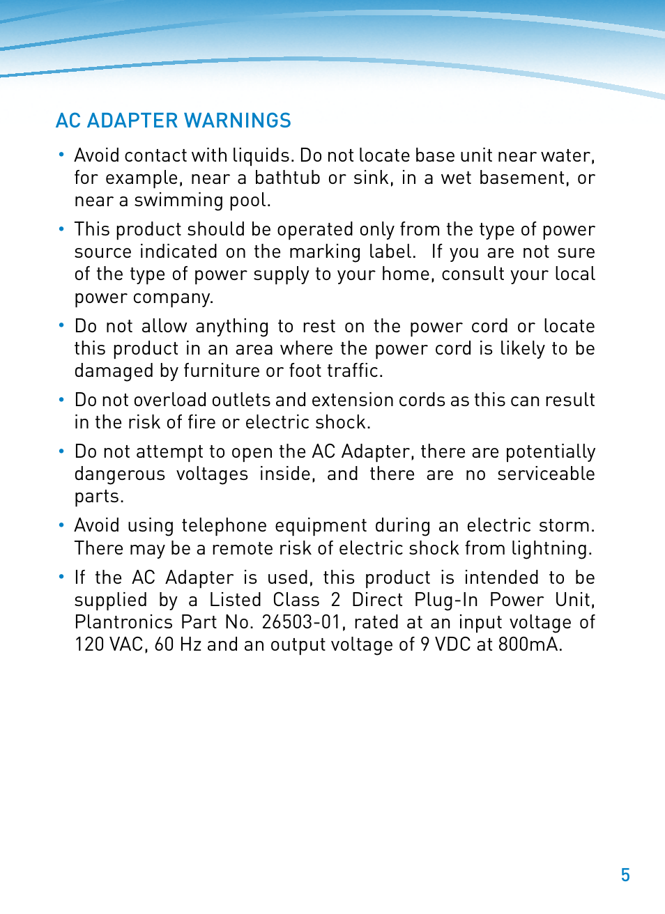 Ac adapter warnings | Plantronics M22 User Manual | Page 5 / 16