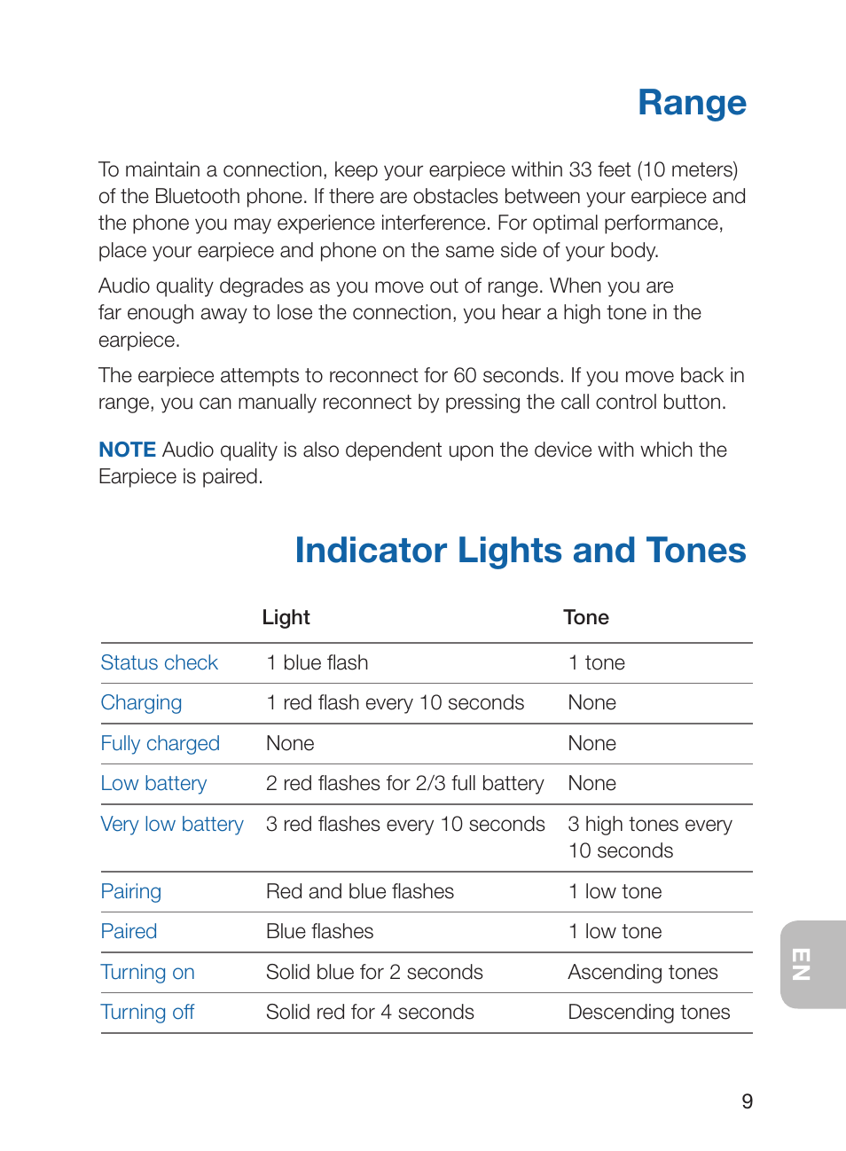 Range, Indicator lights and tones | Plantronics Discovery 925 User Manual | Page 13 / 24