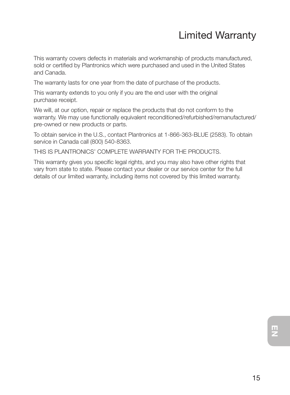 Limited warranty | Plantronics Discovery 925 User Manual | Page 19 / 24