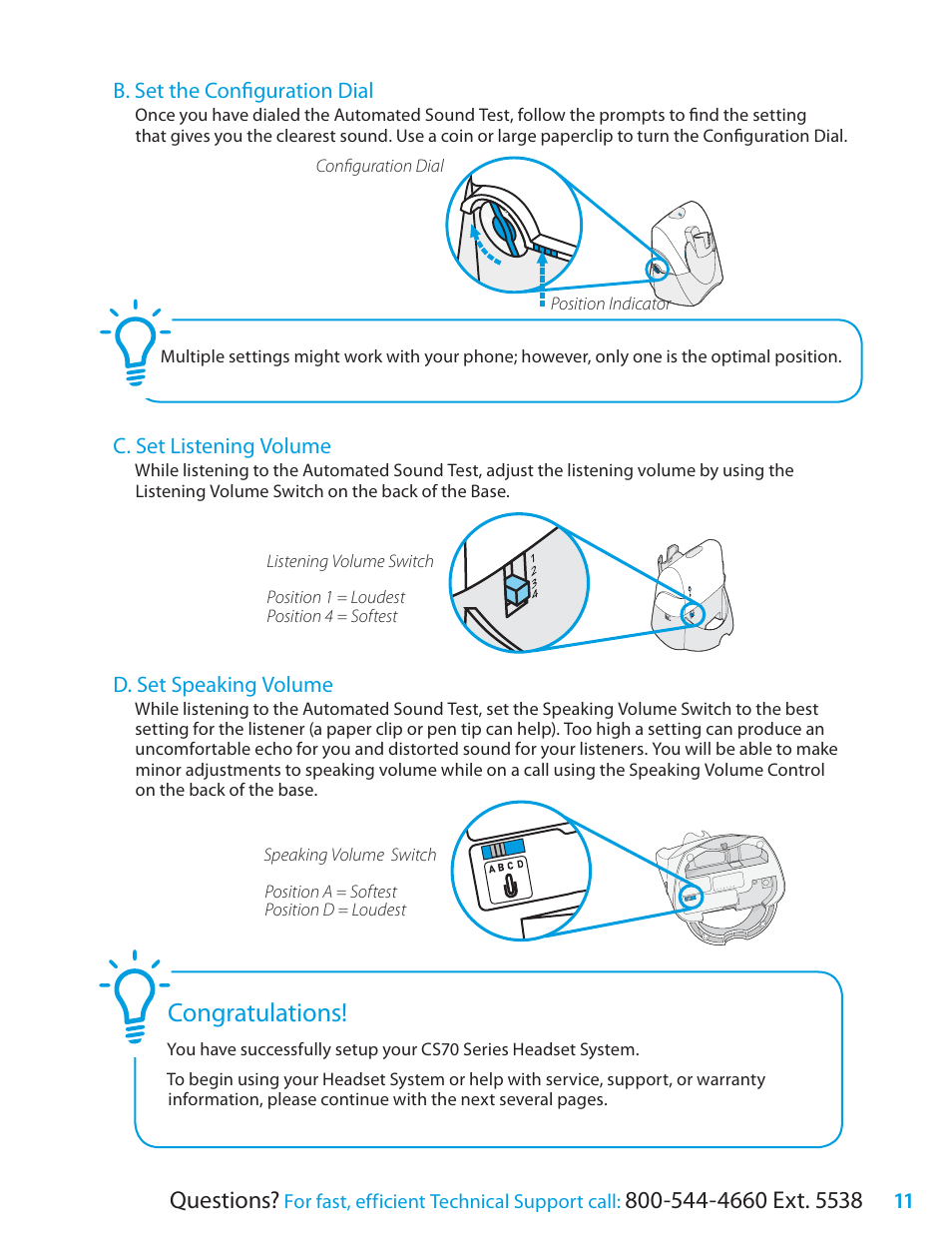 Questions, B. set the configuration dial, C. set listening volume | D. set speaking volume | Plantronics CS70 User Manual | Page 11 / 16