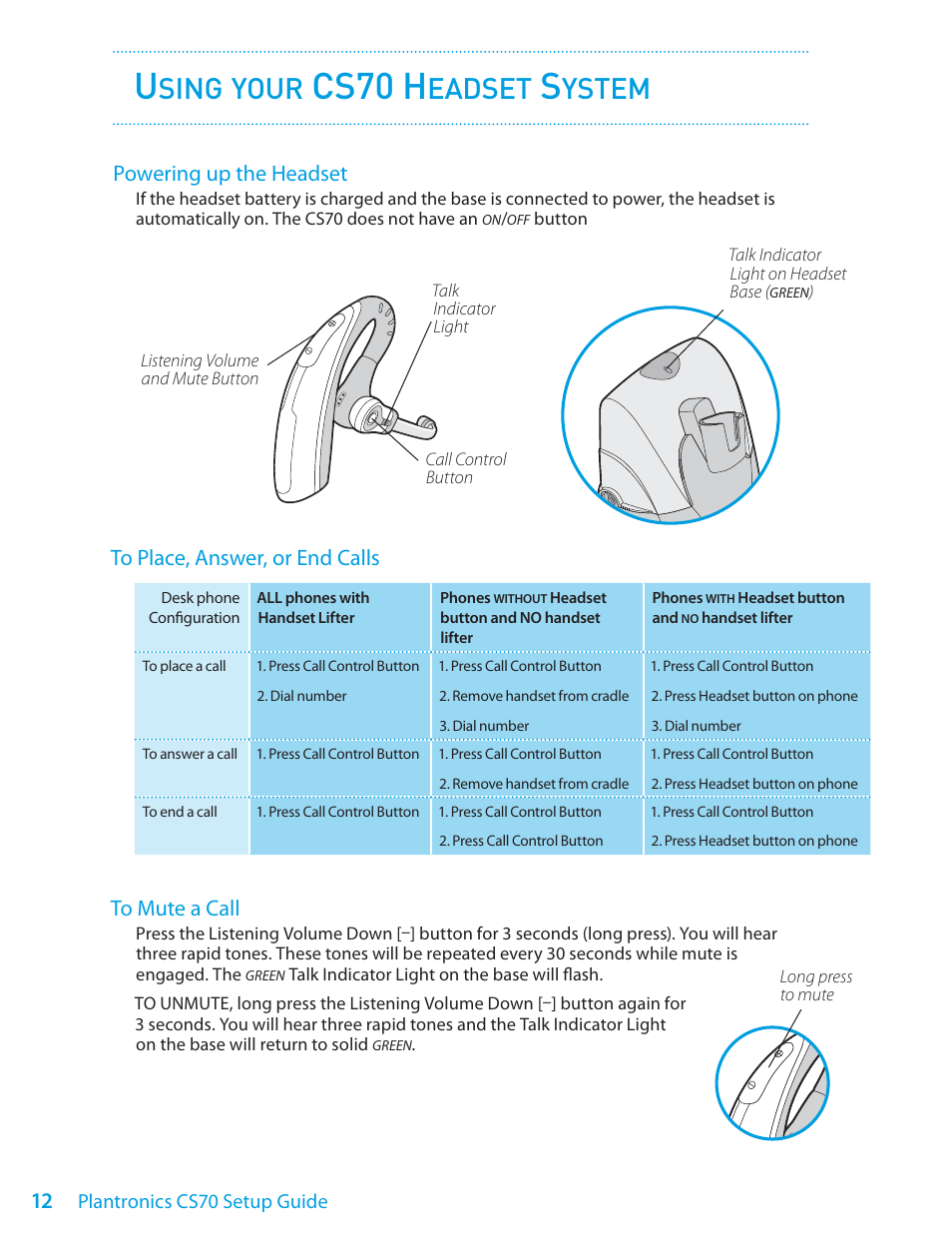 Cs70 h, Sing, Your | Eadset, Ystem, Powering up the headset | Plantronics CS70 User Manual | Page 12 / 16