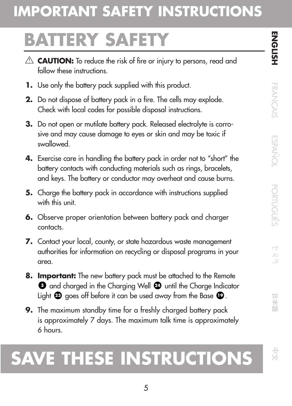 Save these instructions, Battery safety, Important safety instructions | Plantronics CT10 User Manual | Page 10 / 136