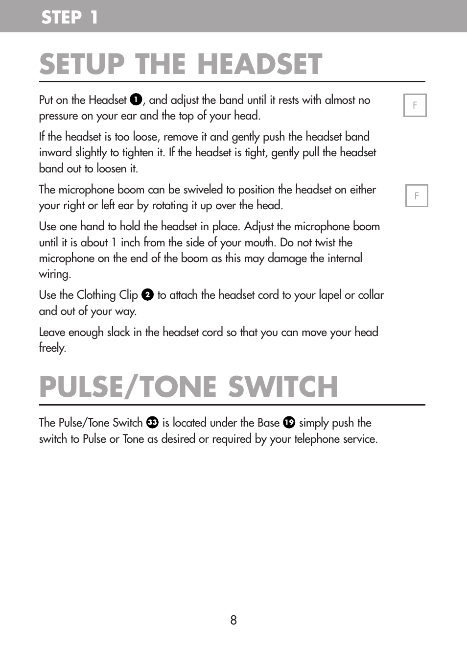 Setup the headset, Pulse/tone switch, Step 1 | Plantronics CT10 User Manual | Page 13 / 136