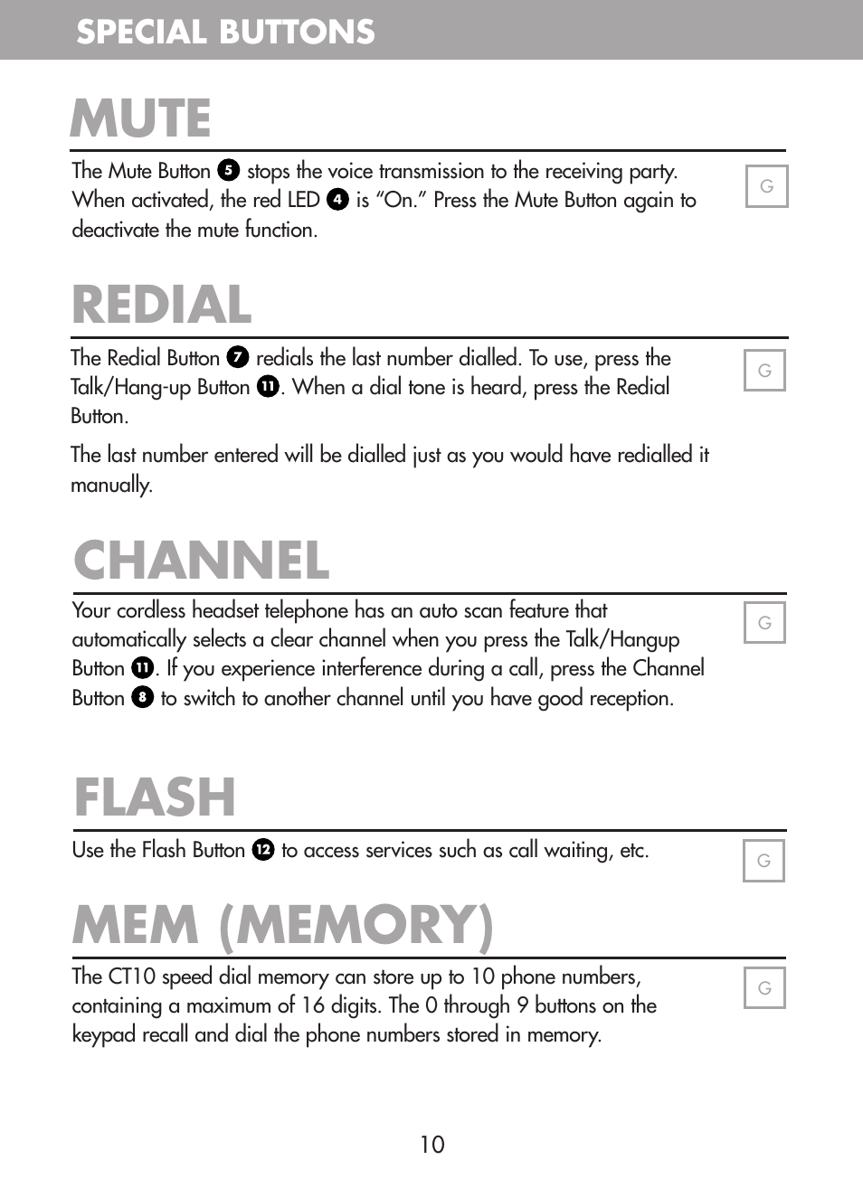 Mute, Redial, Channel flash | Special buttons | Plantronics CT10 User Manual | Page 15 / 136