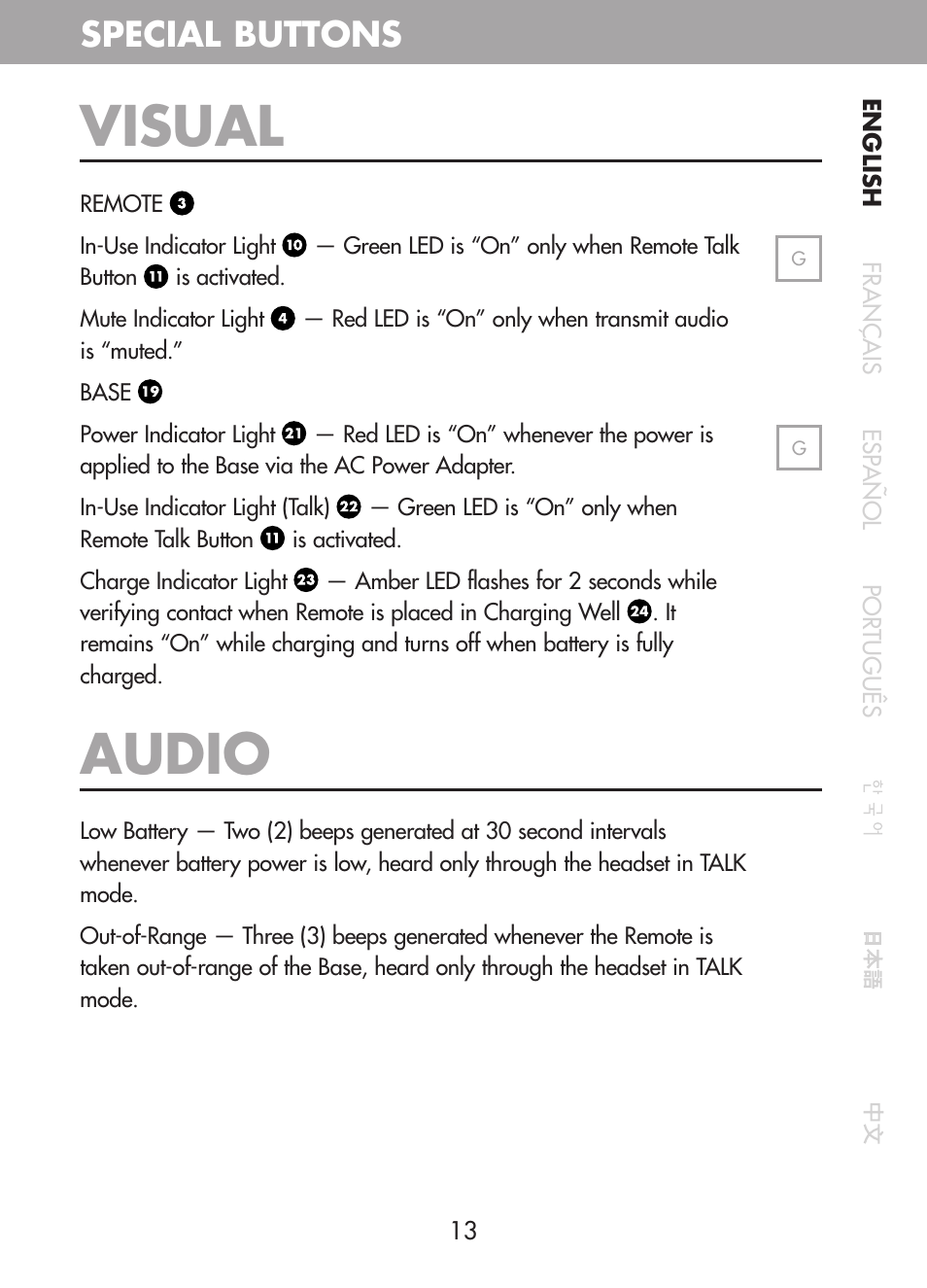 Audio, Visual, Special buttons | Plantronics CT10 User Manual | Page 18 / 136