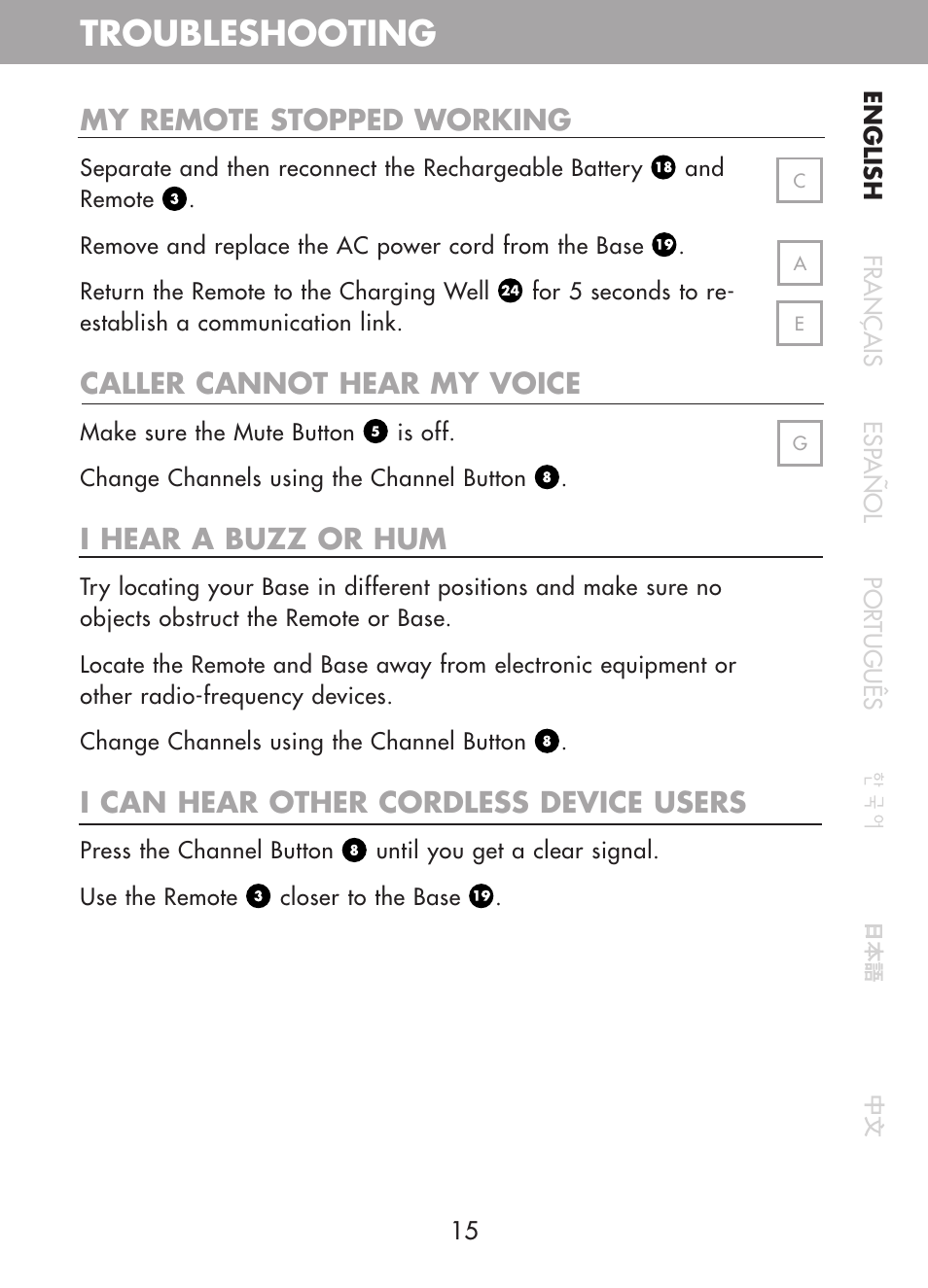 Troubleshooting, My remote stopped working, Caller cannot hear my voice | I hear a buzz or hum, I can hear other cordless device users | Plantronics CT10 User Manual | Page 20 / 136