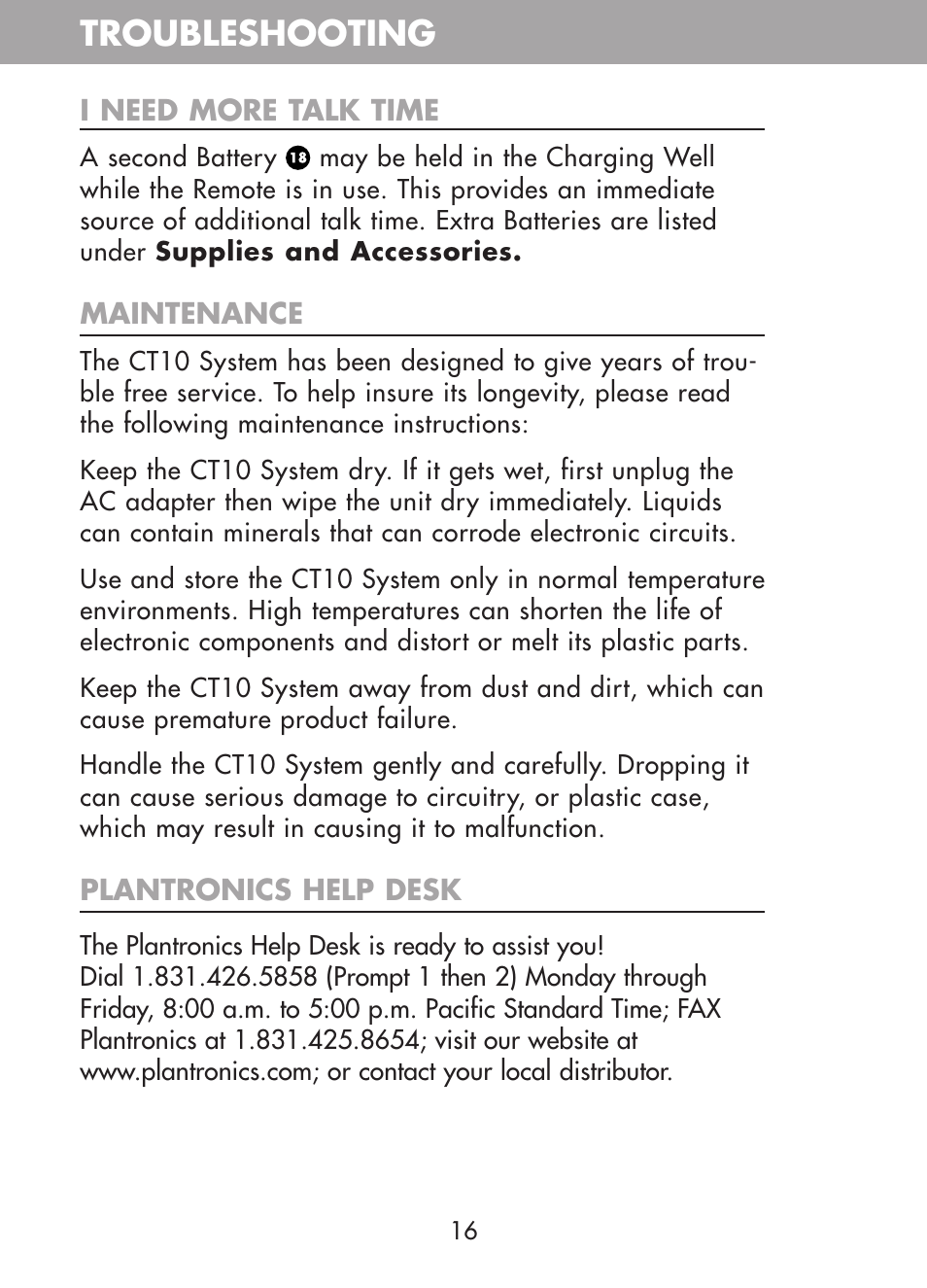 Troubleshooting | Plantronics CT10 User Manual | Page 21 / 136