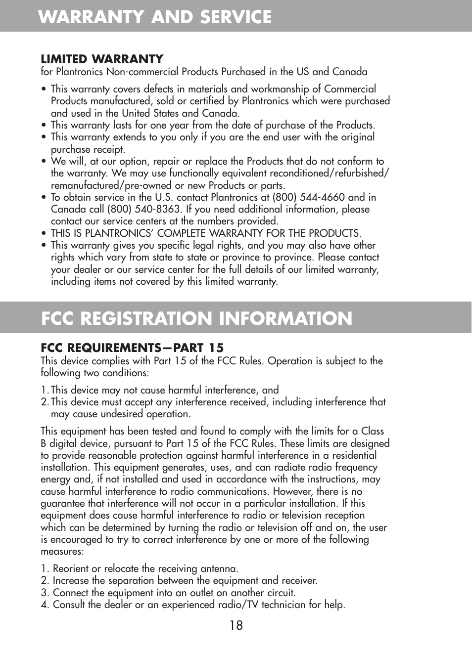 Warranty and service, Fcc registration information | Plantronics CT10 User Manual | Page 23 / 136